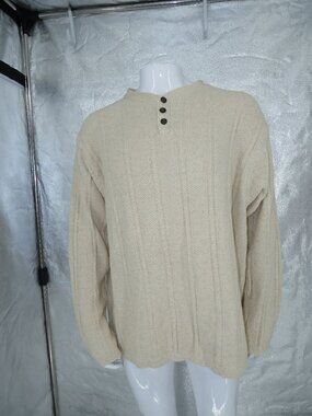 Vintage Structure Henley Sweater XL Cream Beige Ramie Cotton Knit 90s Grandpa